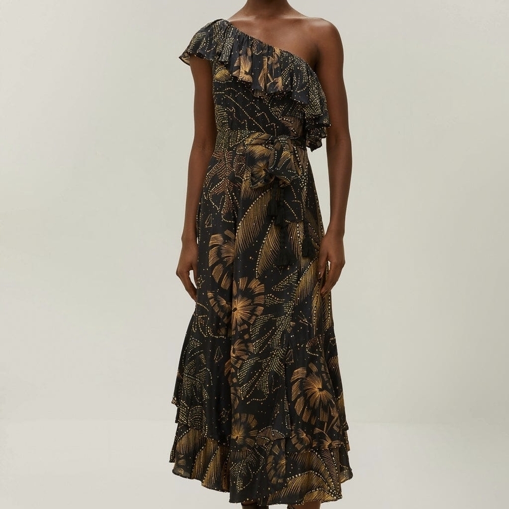 FARM Rio One-Shoulder Black and Gold Dress. SPARKLY✨️